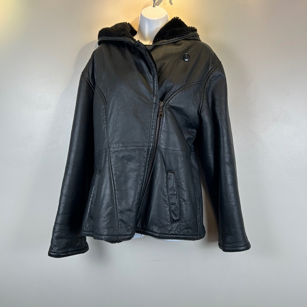 Wilsons Leather Womens Black Genuine Leather Hooded Faux Fur Lined Jacket M Y2K